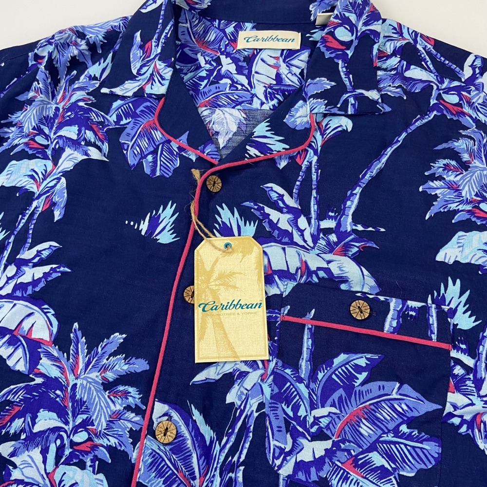 Caribbean Mens Large Tropical Palm Tree Pajama Hawaiian Blue Button‎ Up New